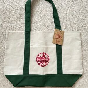 Trader Joe's Green and Cream Canvas Tote Bag